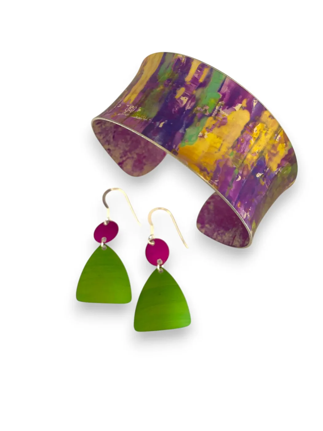 Anodised metal cuff in purple, yellow and green with green triangular drop earrings